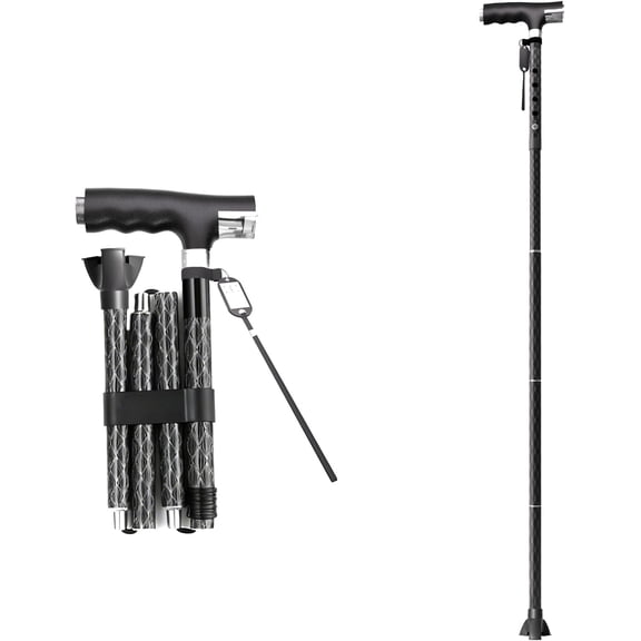 Aluminum Alloy Walking Cane, with LED Light, Height Adjustment and Foldable, Ergonomic Contoured Grip, All-Terrain Walking Stick for Men/Women(PP802-5-Y,)