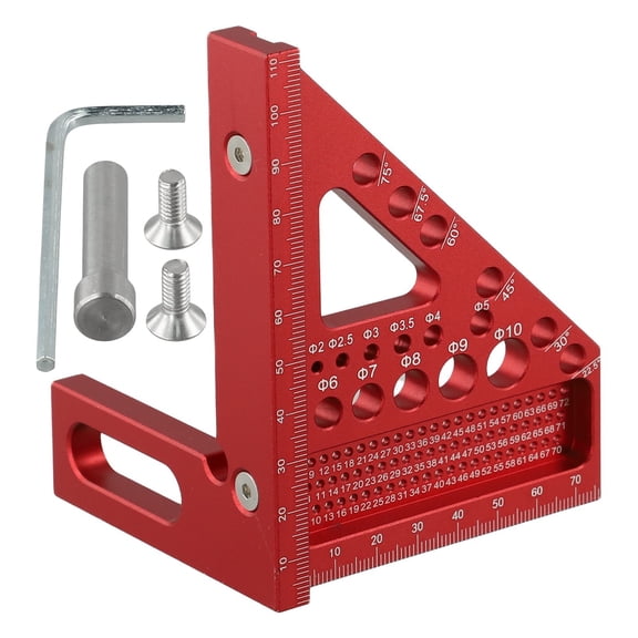 Aluminum Alloy Woodworking Miter Triangular Ruler Metric Square Protractor With Preset Angles 22.5° 30° 45° 60° 67.5° 75° 90° Multifunctional 3D Measuring Layout Tool (Red)
