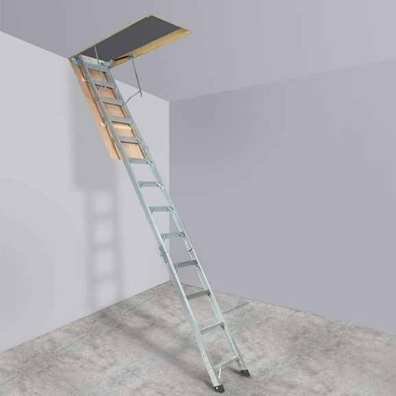Aluminum Attic Ladder Foldable Design, 350 lbs Weight Capacity, 22.5 x 63 Inches Extension Ladder, Portable & Durable, Perfect for 9.5-12 Foot Ceilings, Hassle-Free Attic Entry