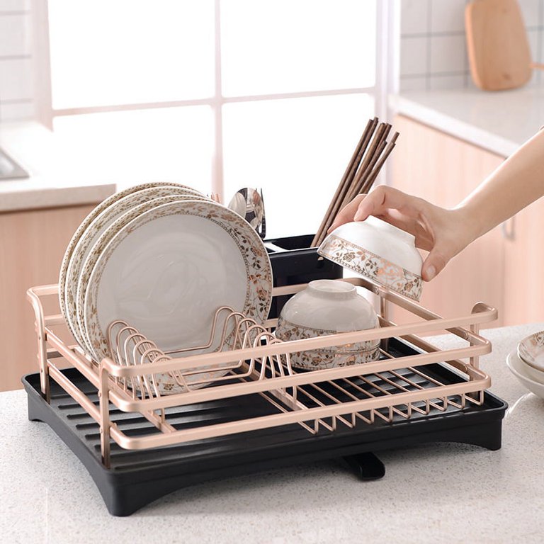 Aluminum Rose Gold Dish Rack with Removable Cutlery Holder Dish