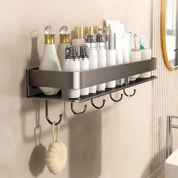 Aluminum Bathroom Shelf with Towel Hook Bathroom Wall Shelves Rustproof Metal Bathroom Wall Organizer, 12x5x2in