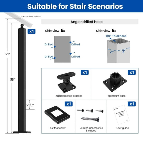 Aluminum Black Stair Cable Railing Post 36 Inch for 25-35 Degrees Stair 36""x2" Surface Mount Cable Railing System Kit Indoor Outdoor Seaside with Paper User Guide PD01 Baas