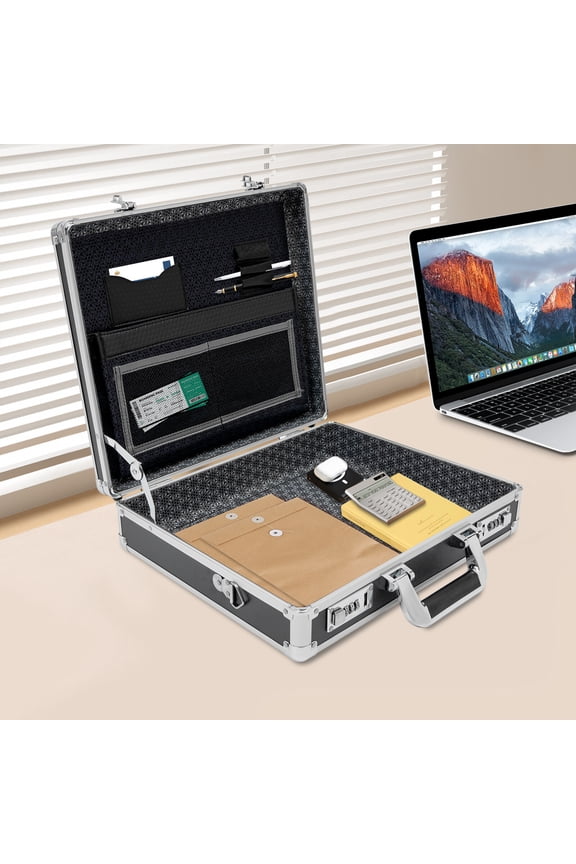 Aluminum Briefcase Locking Storage Box Dual Code Lock 15.6 Inch Laptop Organizer Black Heavy Duty Portable File Case for Business Office Travel Students