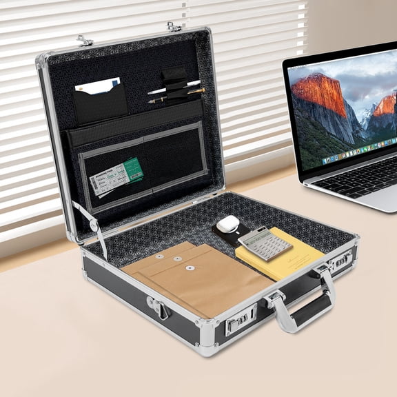 Aluminum Briefcase Locking Storage Box Dual Code Lock 15.6 Inch Laptop Organizer Black Heavy Duty Portable File Case for Business Office Travel Students