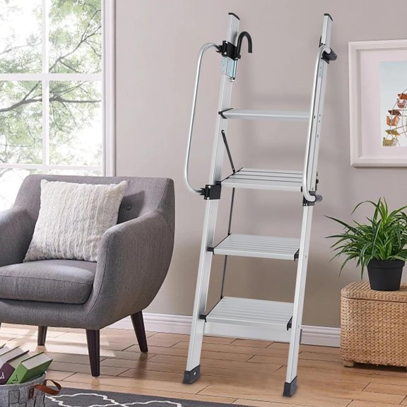 Aluminum Bunk Bed Ladder, 4-Step Loft Bed Stairs Foldable Safety Climb Ladder Home RV Stair with Adjustable Handrail and Rubber Foot Pads for Dormitories, Boats, Storage Rooms, and Garages$$Tools