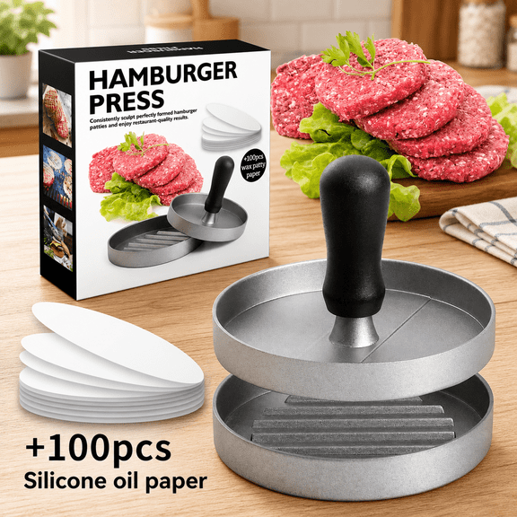 Aluminum Burger Press with 100 Patty Papers, Non-Stick Hamburger Patty Maker for Grill and Kitchen
