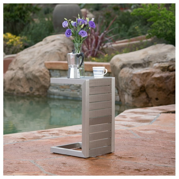 Aluminum C-Shaped Side Table - Outdoor Patio End Table - Modern Silver Finish - Christopher Knight Home Silver + Aluminium
