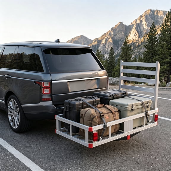 Aluminum Cargo Carrier with High Side Rails, Reflectors & Adjustable Stabilizer, 800-Lb Capacity, 50"x29.5" Platform, 2" Trailer Hitch Mount for RVs, Trucks, SUVs, Vans