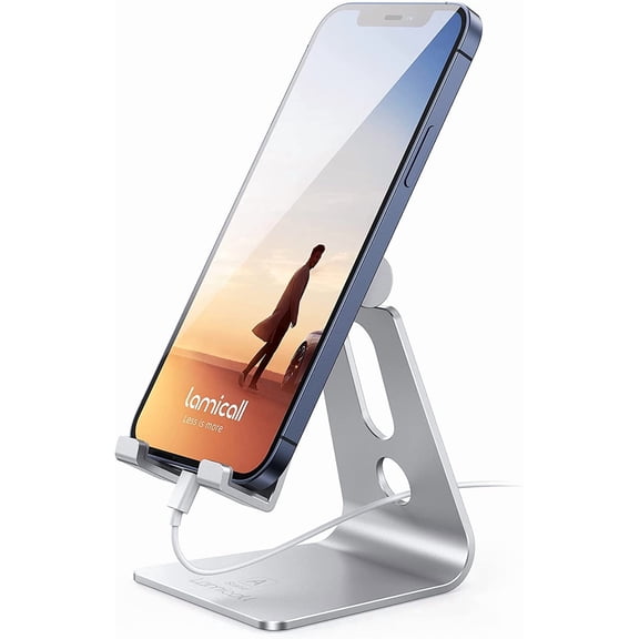 Aluminum Cell Phone Stand, Adjustable Desk Phone Holder for iPhone | Adjustable Viewing Angle, Stable Anti-Slip Base, Case Friendly for iPhone 17 16 15 14 Pro Max, Office Desk Essential, Silver