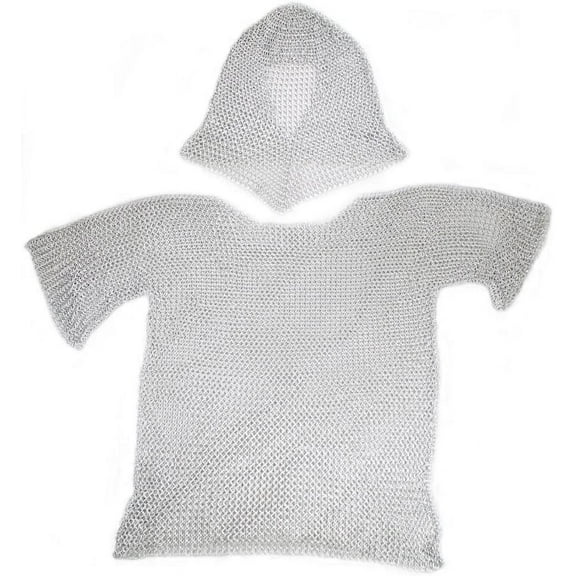 Aluminum Chainmail Shirt with Hood: Medieval Armor - One Size fits Most - Silver