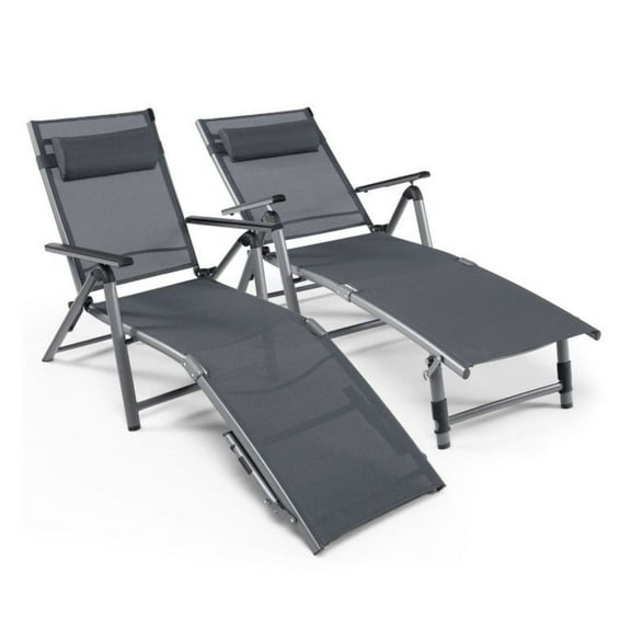 Aluminum Chaise Lounge Chair Outdoor, Quick-Drying Fabric Adjustable Recliner, 8-Position Patio Folding Lounge Chair with Pillow, Lightweight for Pool, Backyard, Black