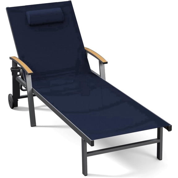 Aluminum Chaise Lounge Chair Wheels Armrests, 5-Position Patio Pool Chair 400lb,Blue
