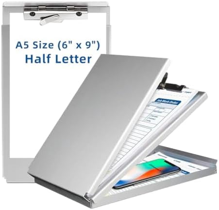 Aluminum Clipboard with Storage(Memo Size), Recycled Metal Form Holder Binder Fits Paper Size up to 5.66 x 9.5 inches, A5 Size