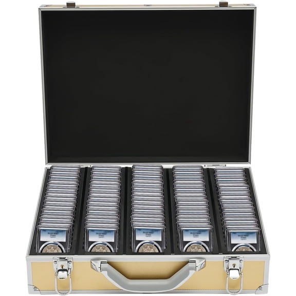 Aluminum Coin Storage & Display Box Case Holds 100 Certified Coin Holder Slabs Portable Coin Collection Holder with Key for Collectors and Collection Supplies (Glod)