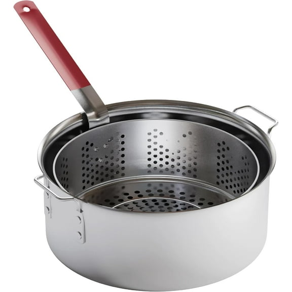 AllWays Plaza Aluminum Cooking Pot Deep Fryer with Basket 10QT Aluminum Fry Pot with Easy Grip Handle Durable Food Grade Outdoor Fryer with Perforated Strainer Basket Ideal for Seafood, Chicken