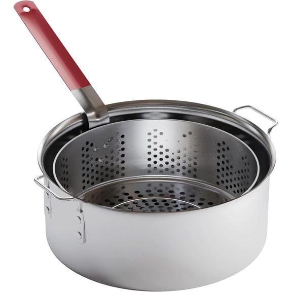Aluminum Cooking Pot Deep Fryer with Basket 10QT Aluminum Fry Pot with Easy Grip Handle Durable Food Grade Outdoor Fryer with Perforated Strainer Basket Ideal for Seafood, Chicken