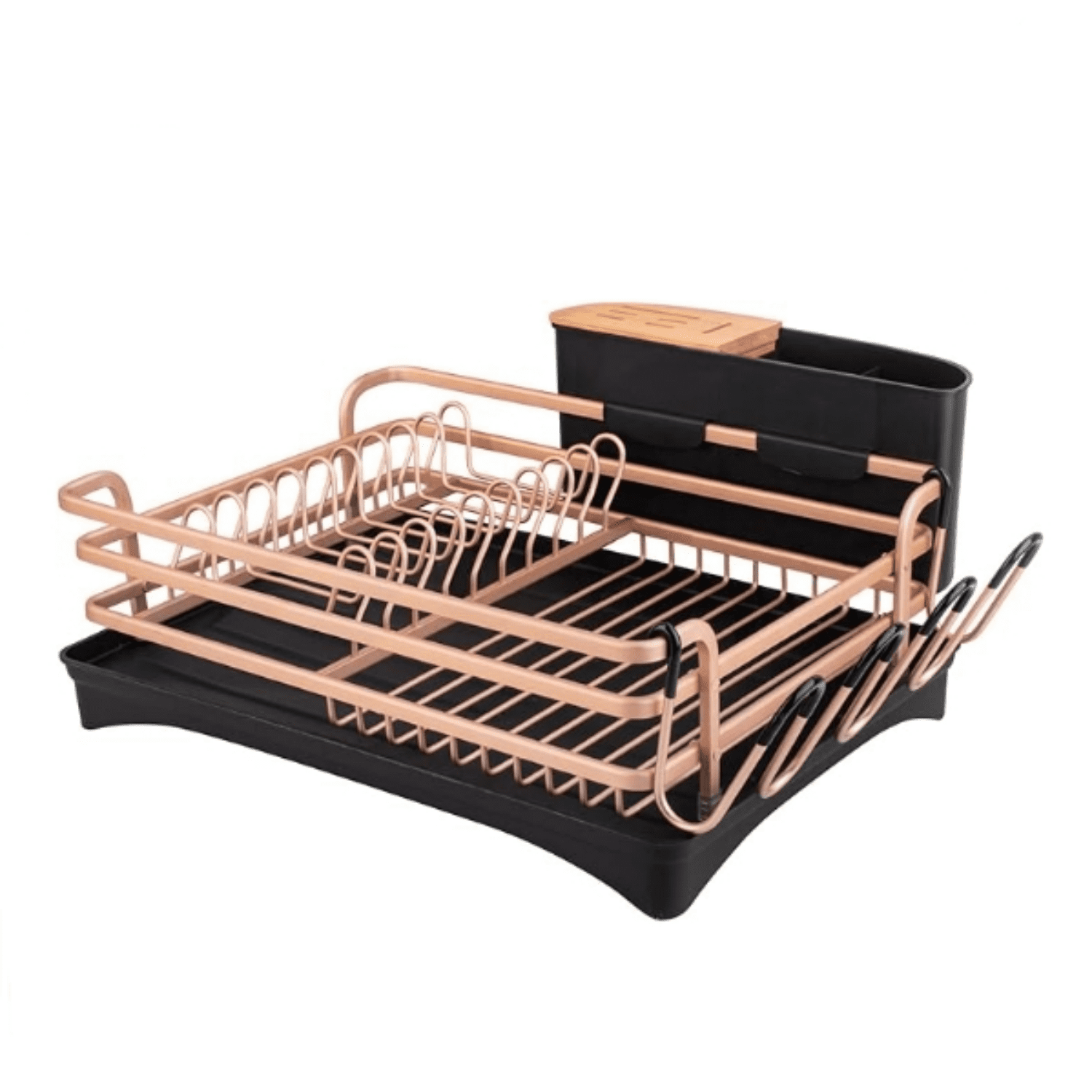 Aluminum Dish Drying Rack, Dish Racks for Kitchen Counter, Dish Drainer with Removable Cutlery Holder & Cup Holder, Unique 360° Swivel Spout Drainboard, 16.5" L x 11.8" W, Golden