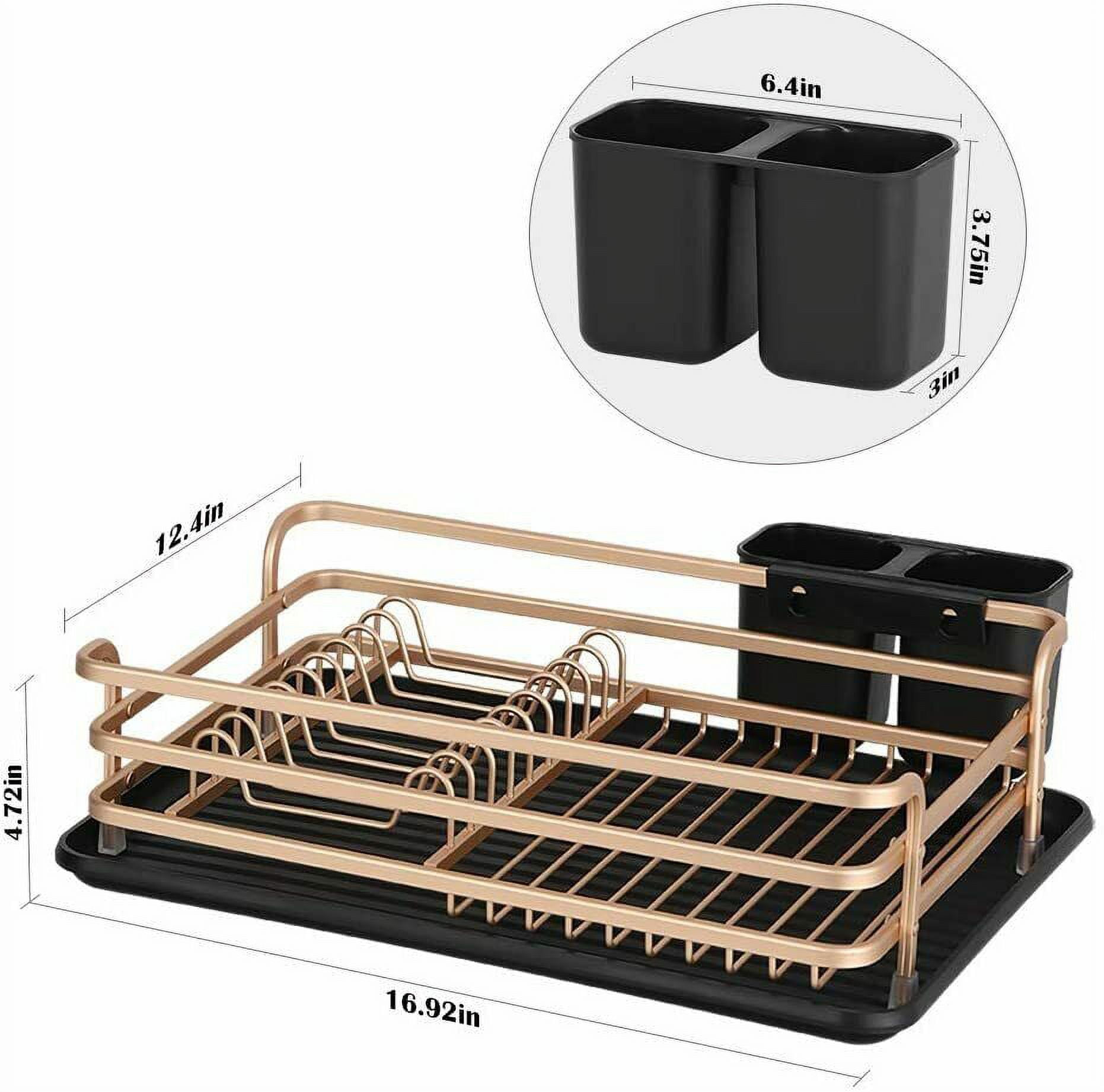 Aluminum Dish Drying Rack with Cutlery Holder, Removable Drainer Tray
