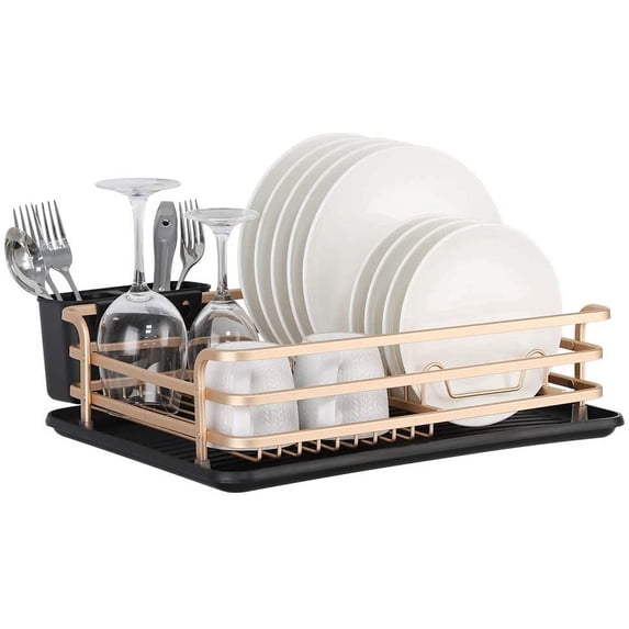 Aluminum Dish Rack with Cutlery Holder Removable Drainer Tray, Rosegold