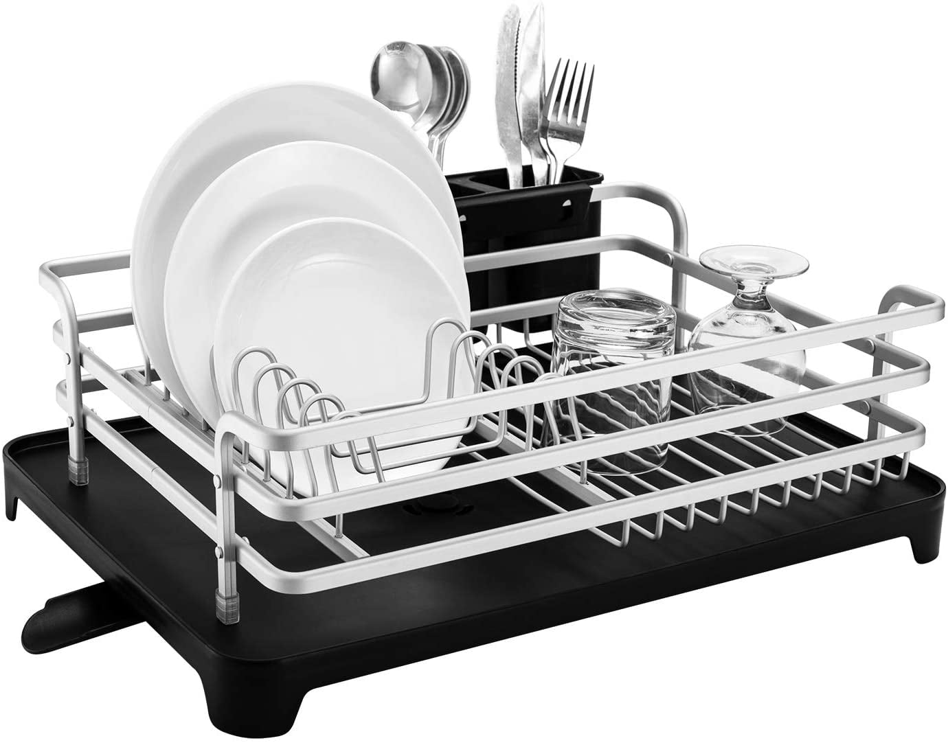 Aluminum Dish Rack with Cutlery Holder Removable Drainer Tray