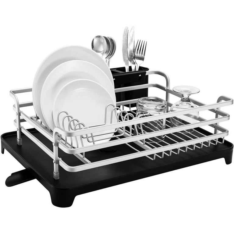 Kitchen Aluminum Dish Drying Rack Sink w/ Removable Plastic Drainer Tray,  Silver