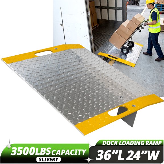 Aluminum Dock Loading Ramp, 36" L x 24" W 0.42" Thick Dock Plate, 3500lb Capacity Silver Industrial Dock Board with Anti-Slip Diamond Tread for Pallet Jacks, Hand Carts, Truck Loading