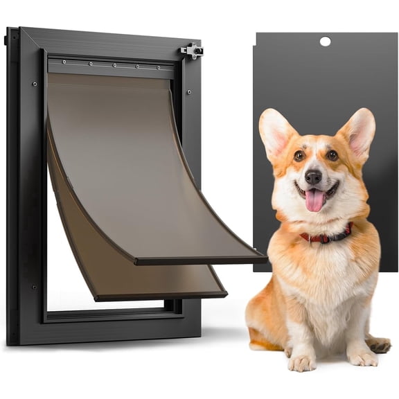 Aluminum Dog Door for Door Black Medium Doggy Door 18" x 12" Doggie Doors for Medium Dogs Heavy Duty Pet Doors for Dogs up to 45lb, with 2 Magnetic Flaps and Sliding Lock Panel, Energy Efficient