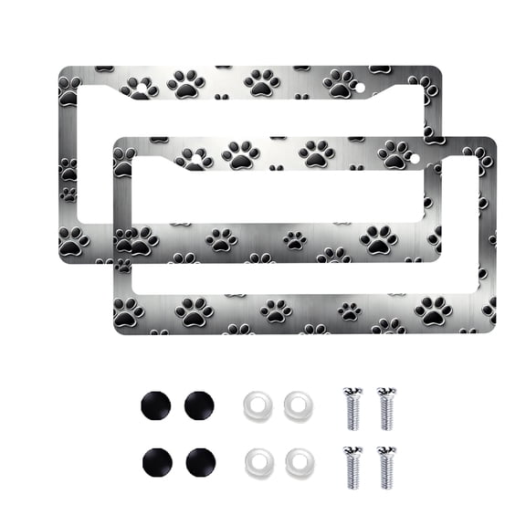 Aluminum Dog Paw Print US Standard License Plate Frame (12x6 Inch) for Cars, Trucks, SUVs - Automotive Metal Tag Holder with Mounting Hardware (2 Pack)