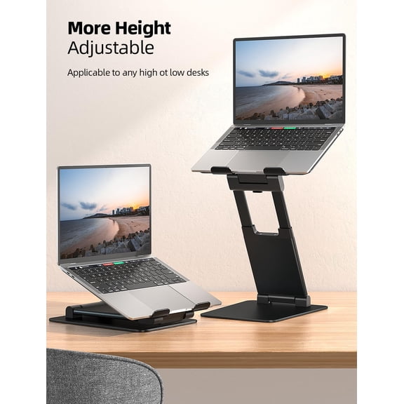 Aluminum Dual Foldable Laptop Stand Black, Height Adjustable Pull-Out Desk Riser, Ergonomic Holder for 10-17" Laptops Tablets Sit to Stand Use