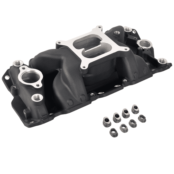 Aluminum Dual Plane Intake Manifold for Chevy Small Block SBC 265-400 Engine, Fits 350 400, Without EGR, Operating RPM Idle-5500, Part Number MT023034, Engine Intake System Component