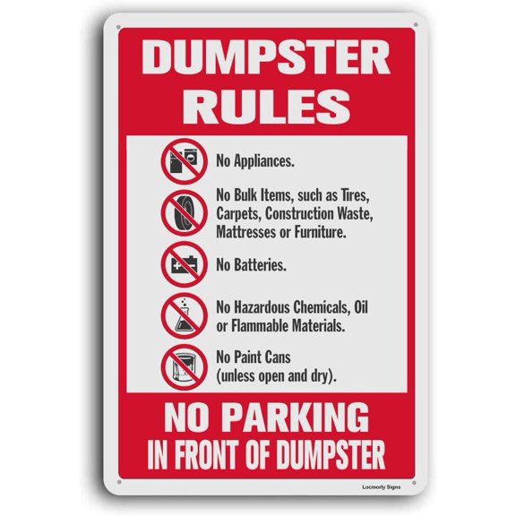 Aluminum Dumpster Rules Sign, 8x12 Inch, Funny Dumpster Sign