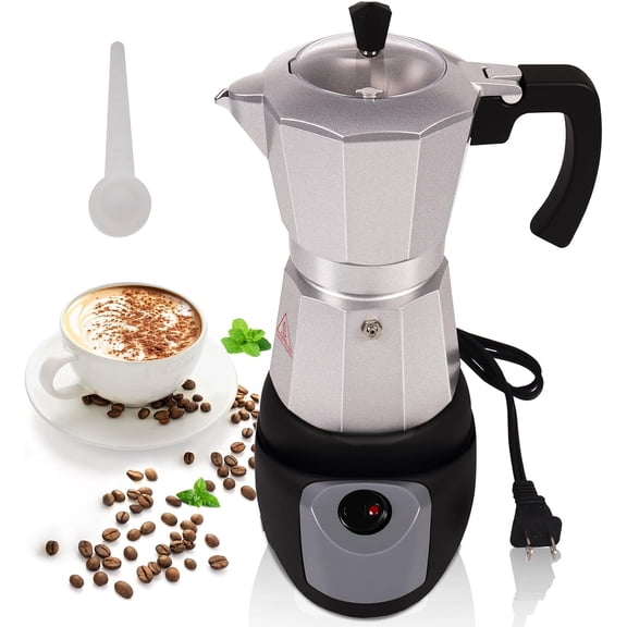 Aluminum Electric Moka Pot 5-6 Cup 270ml Express Coffee Maker Stovetop Espresso Portable Coffeemaker Italian Classic Brewing Greca Cafe Mocha with Removable Base and Overheating Protection Machine