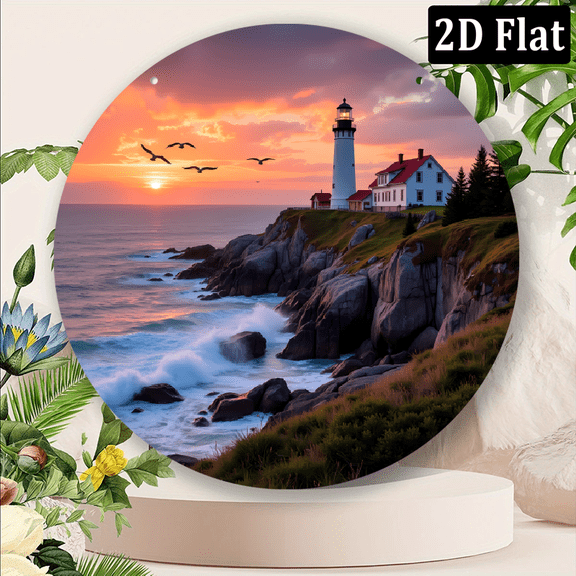 Aluminum Engraved Decorative Sign Weatherproof Lighthouse Sea at Sunset Scene Round Metal Wall Art for Home, Room, Corridor Bar 8*8Inch Perfect Gift for Friends Family