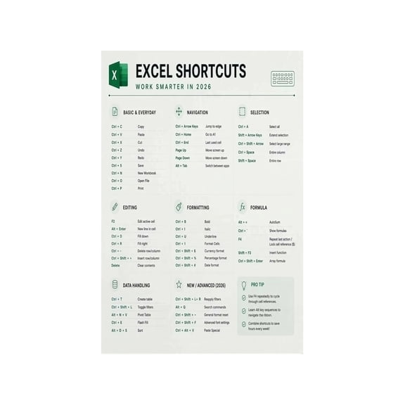 Aluminum Excel Shortcuts Sign Productivity Reference Guide Home Office Workspace Study Decor Educational Wall Art 12x8 Inch