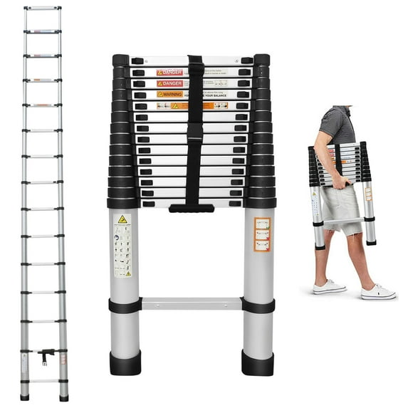 Aluminum Extension Ladder 14.4ft, Heavy Duty Telescoping Ladder Portable Easy to Transport, Weight 26.5lbs, 330lbs Load Capacity, with Non-Slip Rubber Feet, 4cm Wide Step, for Home, Office