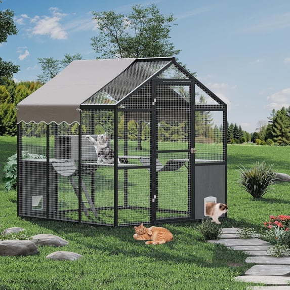 Aluminum Extra Large Catio Outdoor Cat Enclosure for Multiple Cats,Walk-In Large Outdoor Cat Enclosure Catio Large Cat Run, Cats Run Enclosure Kitten Condo with Channels, Side Door, UV Proof Cover, Hu