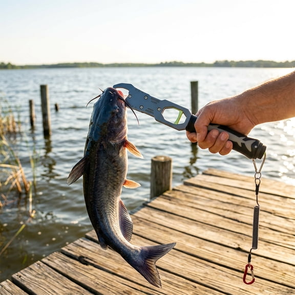 Aluminum Fish Lip Gripper with 40LB Built In Scale Rust Resistant Fishing Grabber with Anti Slip Grip and Retractable Lanyard