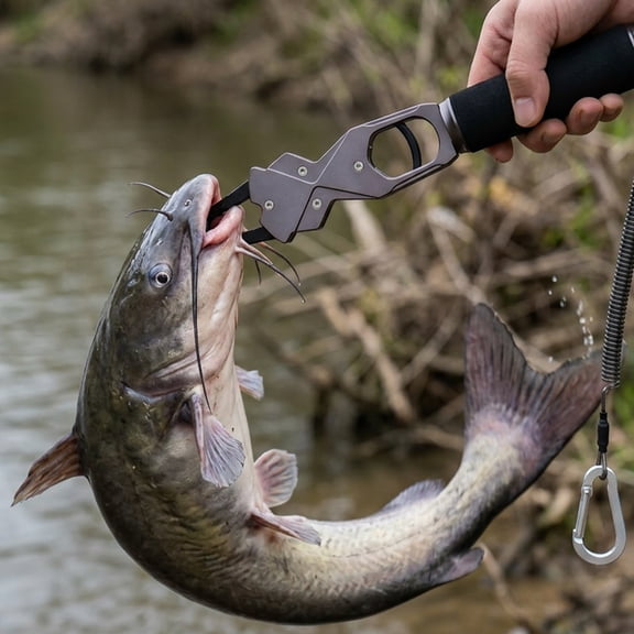 Aluminum Fish Lip Gripper with Built-in 33LB Scale, Rust-Resistant Tool with Lanyard