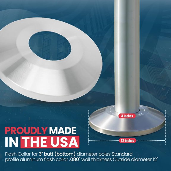 Aluminum Flash Collar for 3 Inch Flagpole - Clear Powder Coated Base Cover with 12 Inch Outer Diameter
