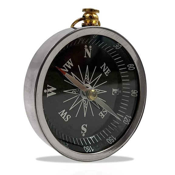 Aluminum Flat Desktop Compass, Black Dial, Silver Finish
