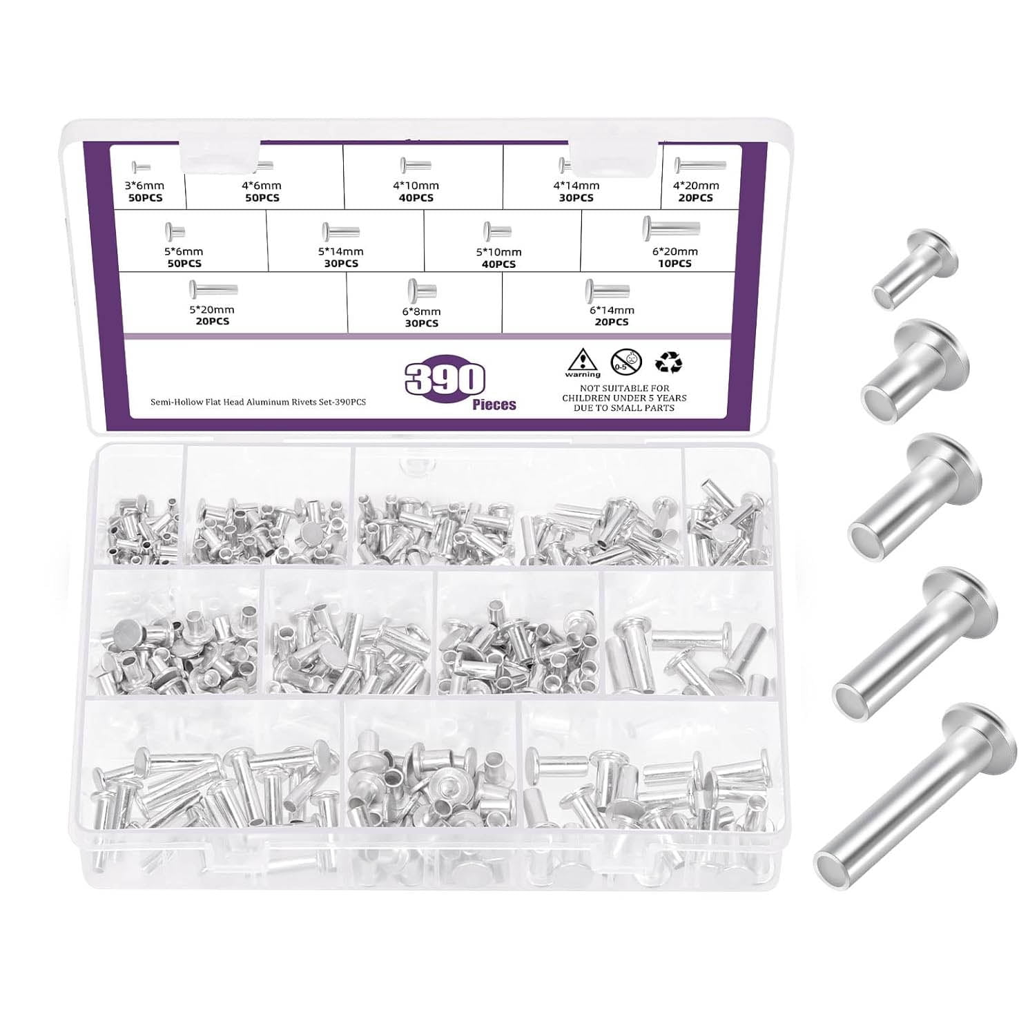 Aluminum Flat Head Semi Tubular Rivets Assortment Kit, Round Flat Head ...