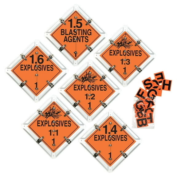 Aluminum Flip File Hazmat Placard, 6-Legend Explosives Set & Label Pack - 13.75" x 13.75" White Back Plate with Rounded Corners