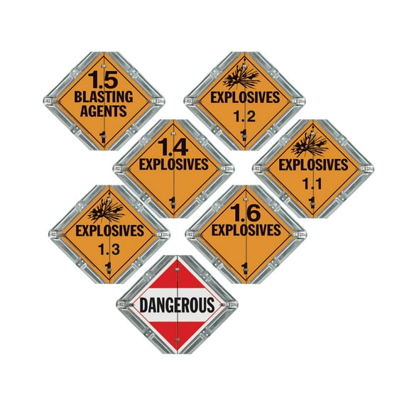 Aluminum Flip File Hazmat Placard, 7-Legend Worded Set - 13.75" x 13.75" Galvanized Steel Back Plate with 2 Clipped Corners