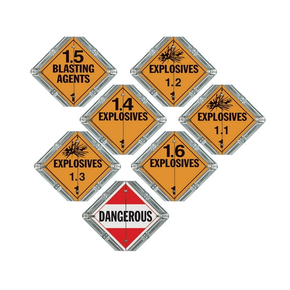 Aluminum Flip File Hazmat Placard, 7-Legend Worded Set - 13.75" x 13.75" Galvanized Steel Back Plate with 2 Clipped Corners