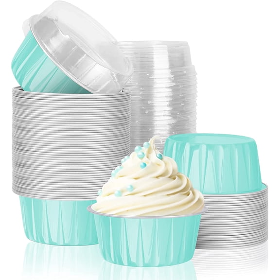 Aluminum Foil Baking Cups,HEYYUMI 5oz 100pcs Aluminum Cupcake Cups Liners with Lids,Mini Cake Pans,Snack Dessert Pudding Souffle Cups,Disposable Ramekins Containers Flans Tins Holders(Tiffany Blue)