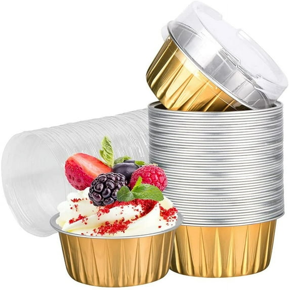 Aluminum Foil Baking Cups with Lids, 100pcs 5 oz Gold Dessert Baking Cups Holders, Cupcake Bake Utility Ramekin Clear Pudding Cups for Wedding,Christmas,Kitchen,Birthday Party,Various Holiday Parties