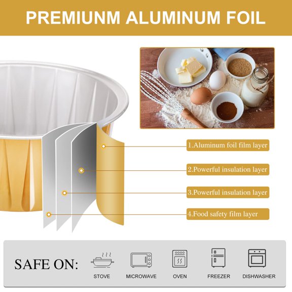 Aluminum Foil Baking Cups with Lids Gold Plain 5 Oz Round Disposable Ramekin Containers