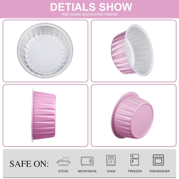 Aluminum Foil Baking Cups with Lids Pink Plain 5 Oz Round Disposable Ramekin Containers