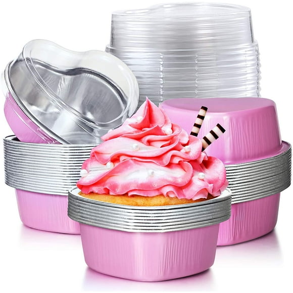 Aluminum Foil Cake Pan Heart Shaped Cupcake Cup with Lids 100 ml/ 3.4 ounces Disposable Mini Cupcake Cup Flan Baking Cups Pan with Lid for Valentine Mother's Day Wedding Xmas