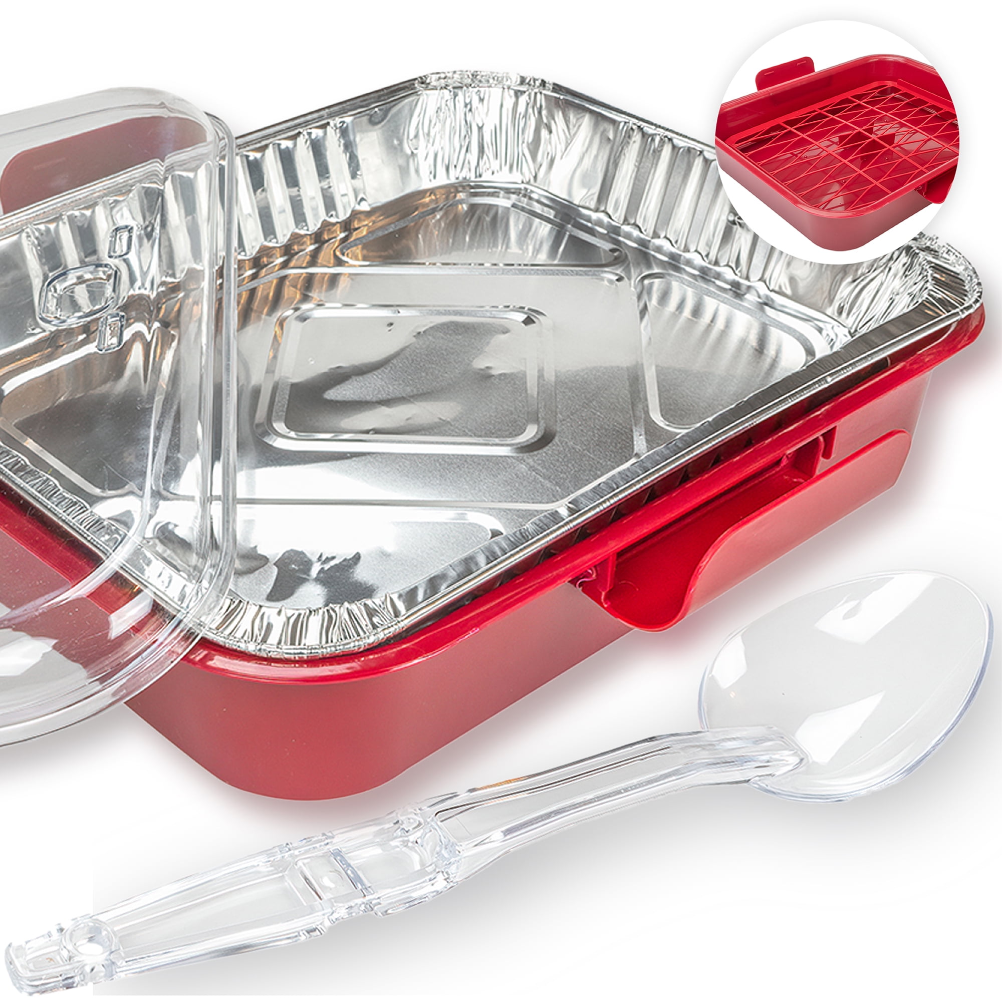 Aluminum Foil Carrier With Lid And Serving Spoon, Aluminum Foil Casserole  Pans, Stackable Foil Pans Holder EXULTIMATE (Red) 